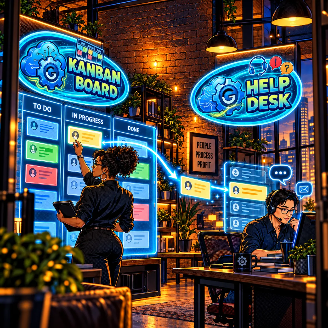 Comic-style team coordinating a Kanban board and help desk tickets.