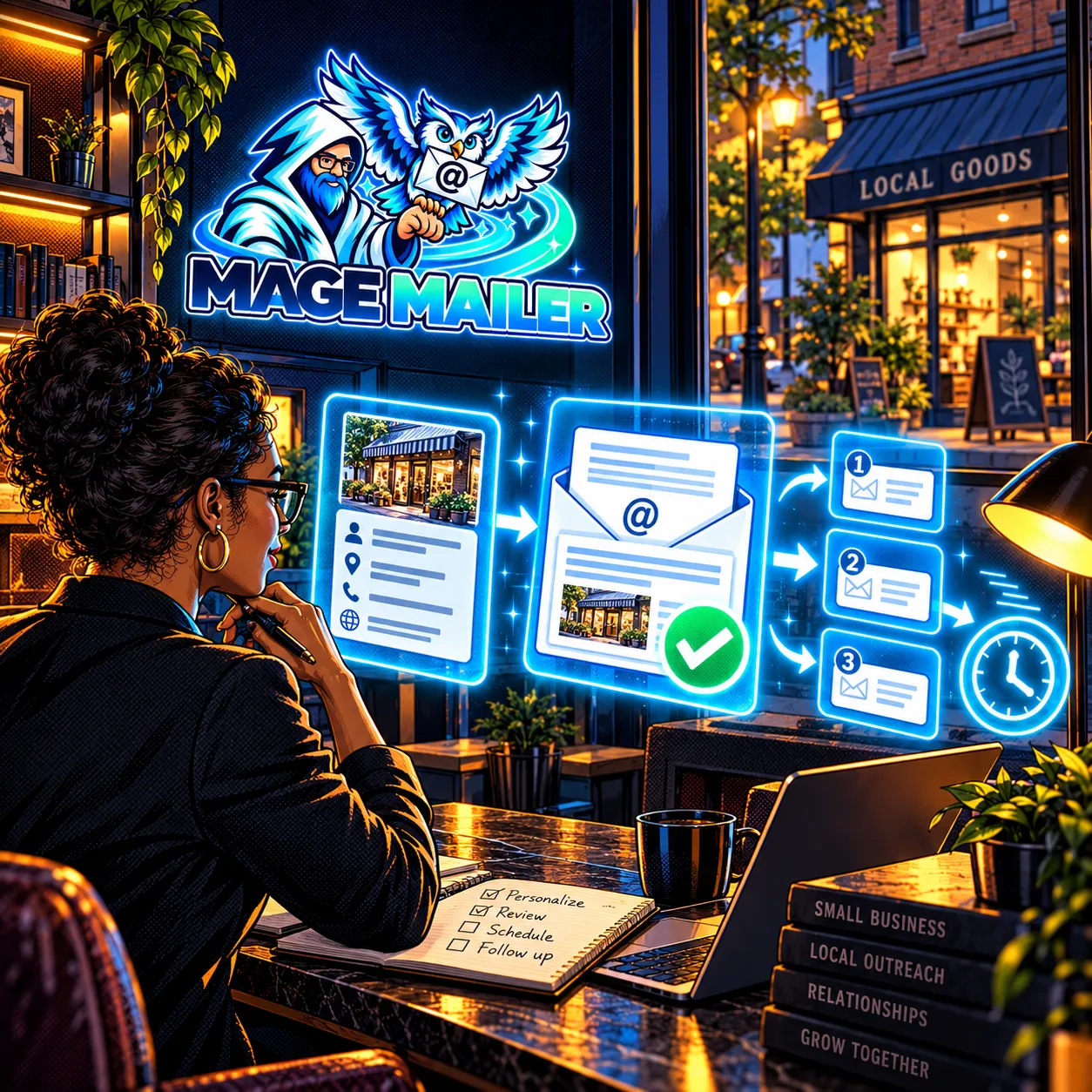 Mage Mailer outreach workflow connecting business research, a reviewed email and paced follow-ups.