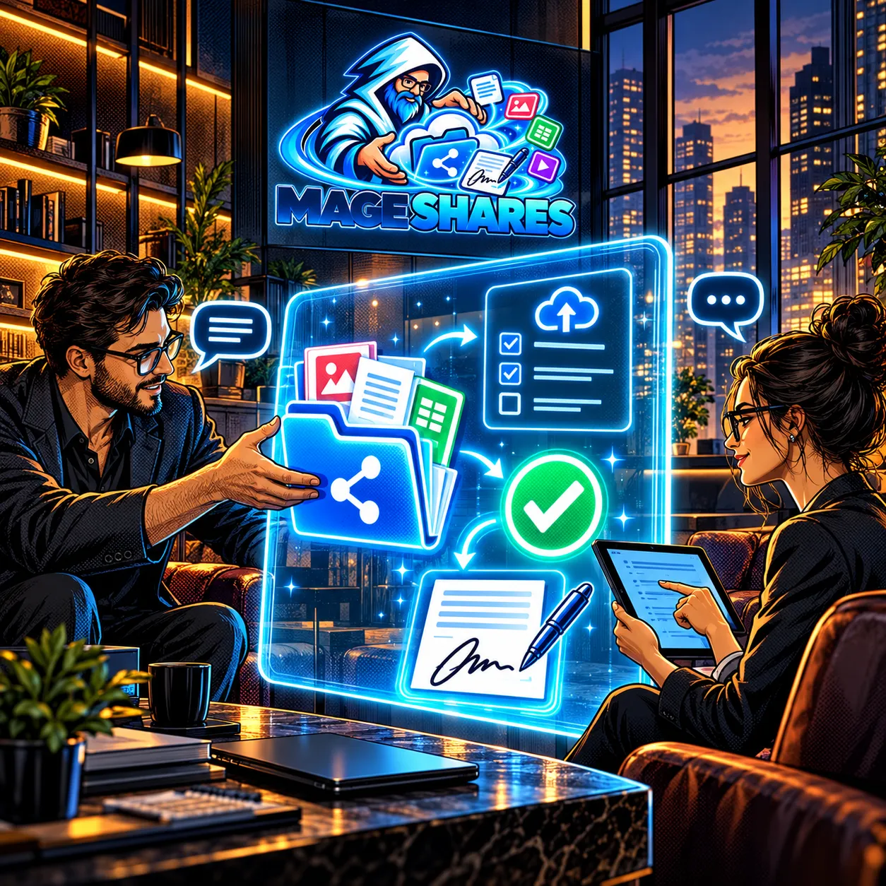 Comic-style client-services team sharing documents and coordinating approvals.